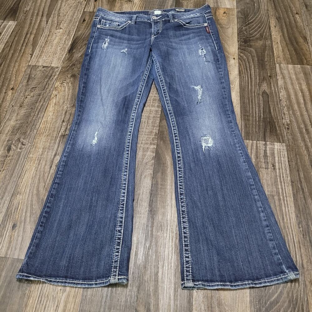 Silver Lola Flare Jeans Women's 33x33 Blue Denim Pants Mid rise Distressed